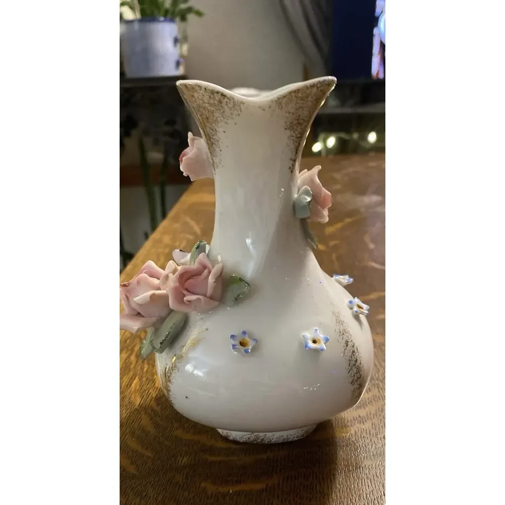 Lefton Hand-painted 6” Roses Gold Trim Blue Purple Flowers 6” Bud Vase